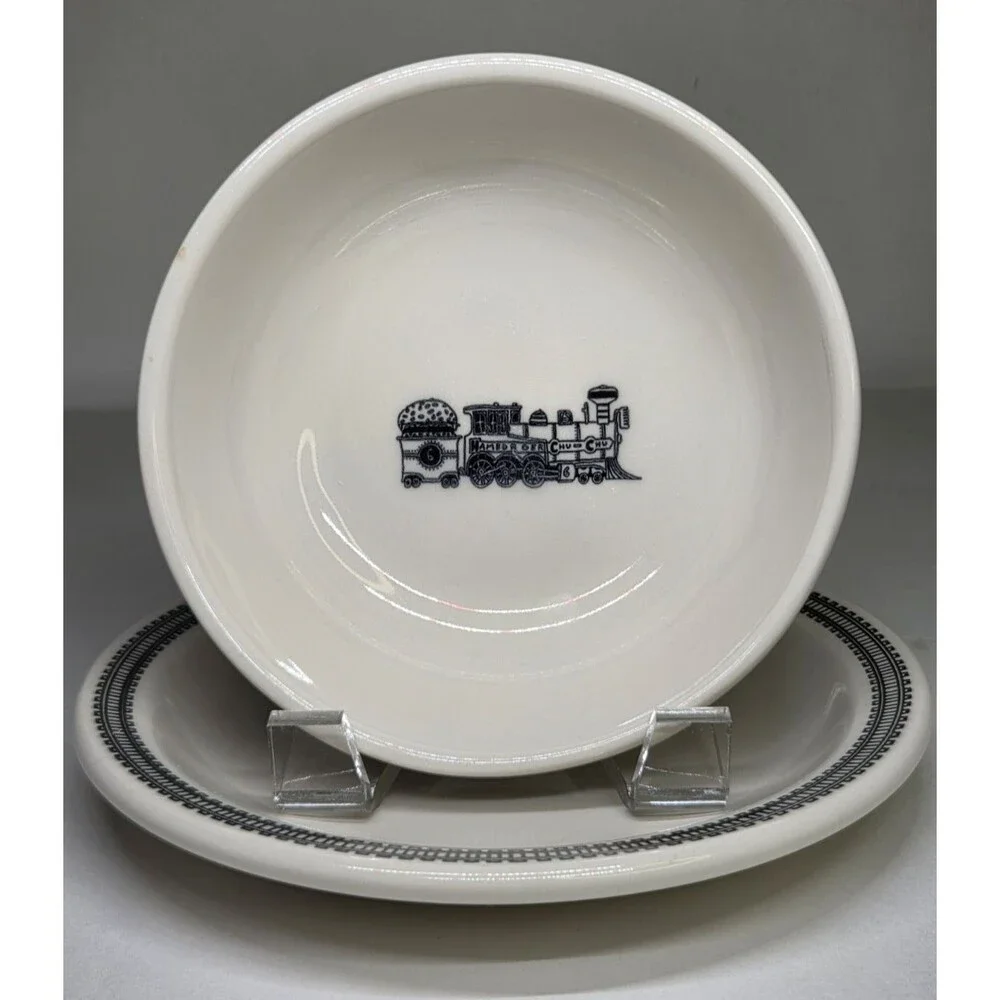 Homer Laughlin Fishs Eddy Hamburger Chu Chu Train Pattern Plate & Bowl Rare Set